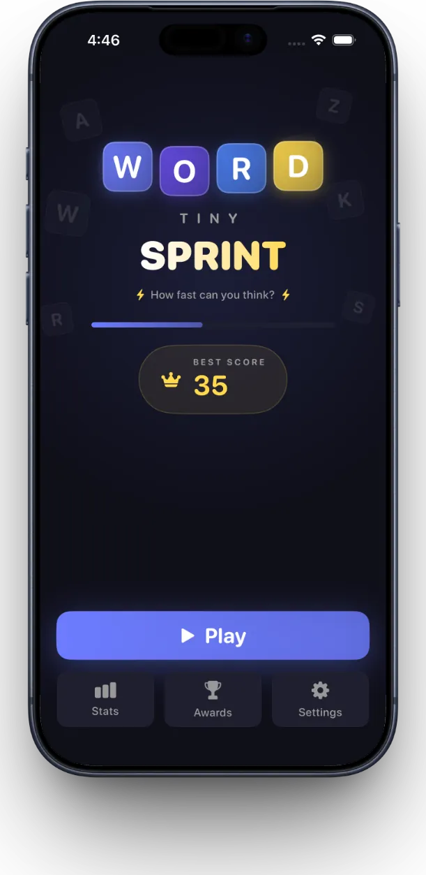 Tiny Word Sprint game over screen with final score and NEW BEST badge