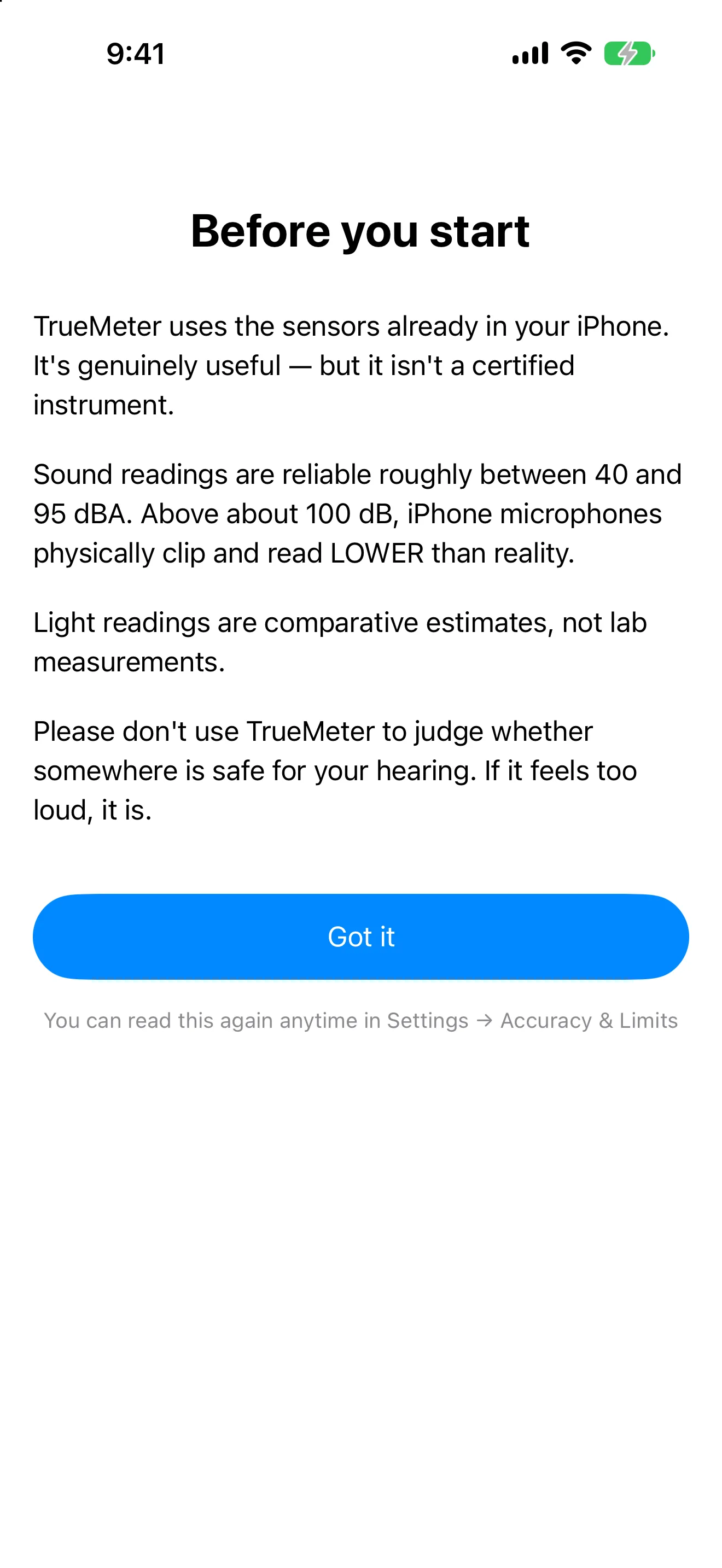 TrueMeter accuracy and limits screen stating the reliable measurement band