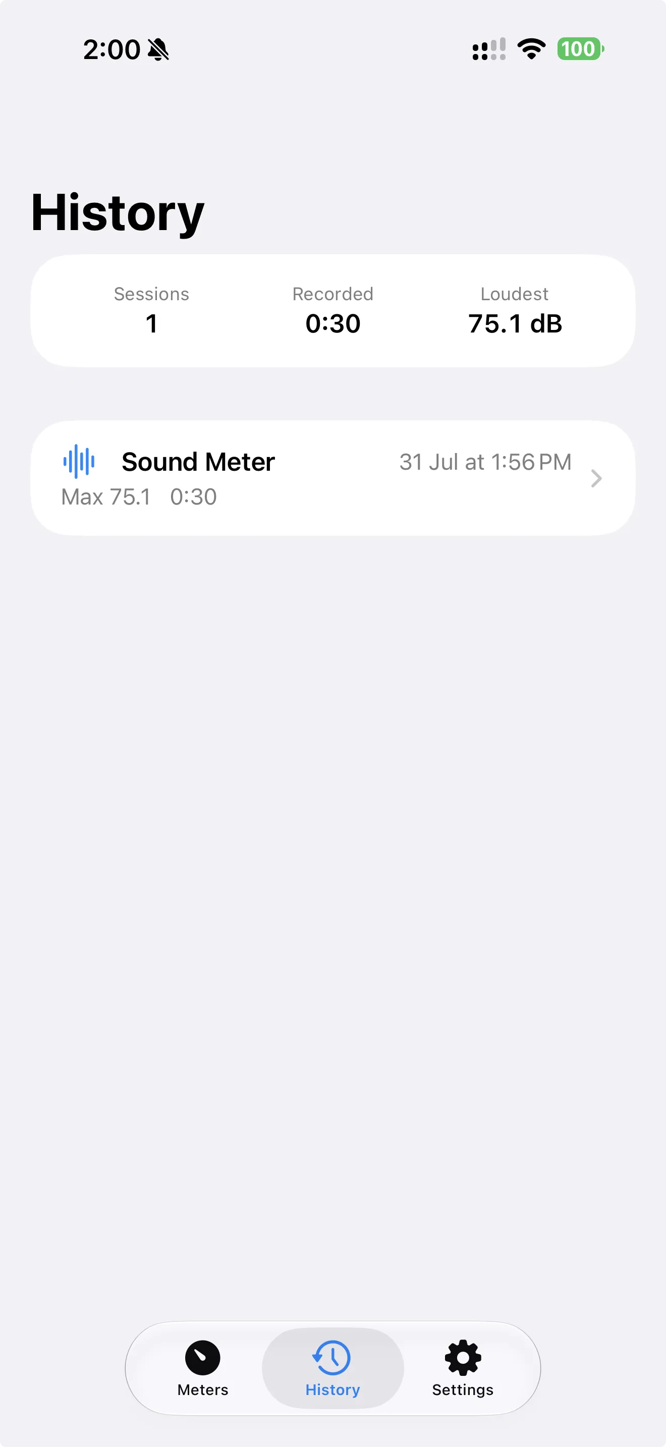TrueMeter history list of saved measurement sessions