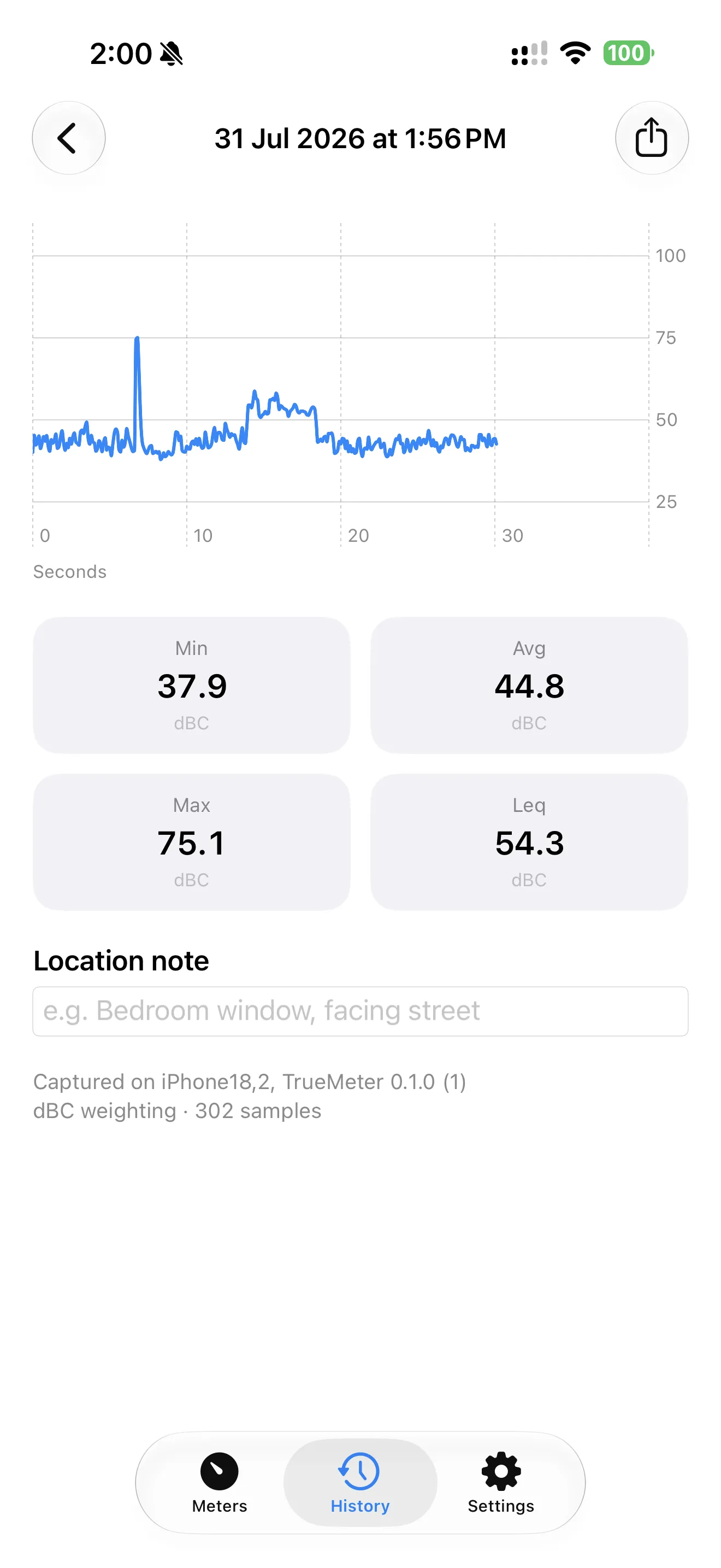 TrueMeter session detail with full graph and statistics