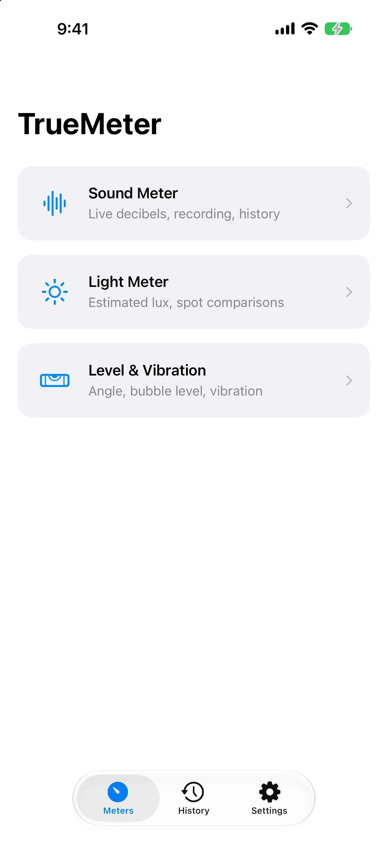 TrueMeter home screen with Sound Meter, Light Meter, and Level & Vibration cards