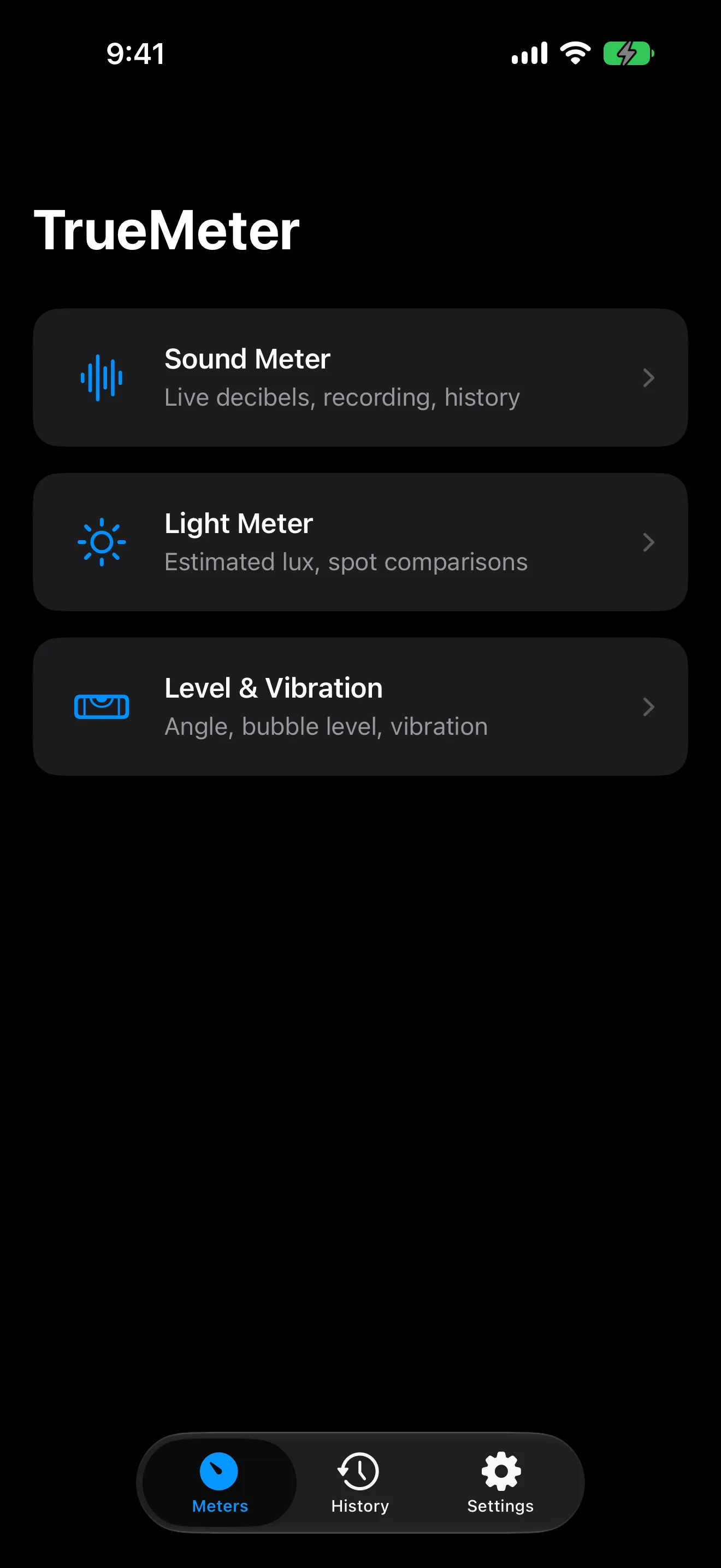 TrueMeter home screen in dark mode