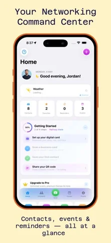 MeetStack home dashboard with stats and upcoming reminders