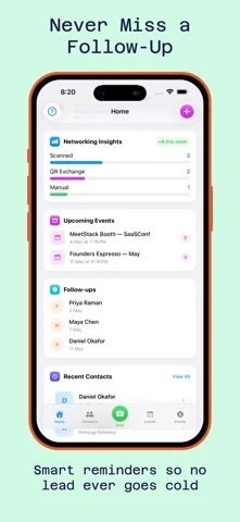 Event lead capture screen showing collected contacts for a specific event