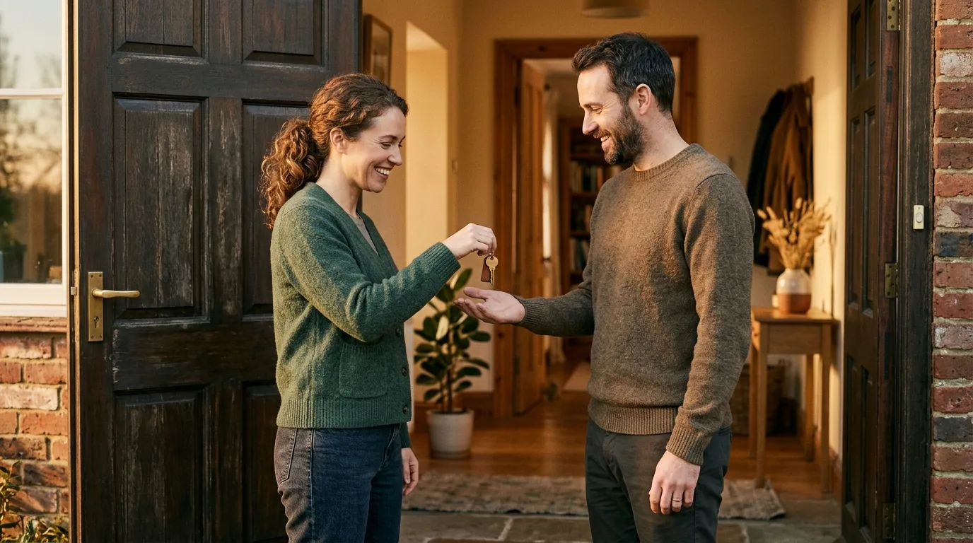 Two people exchanging a house key at a bright front doorway, welcoming morning light