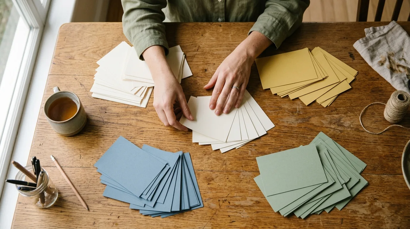 Overhead view of hands sorting color-coded index cards into categories on a wooden table