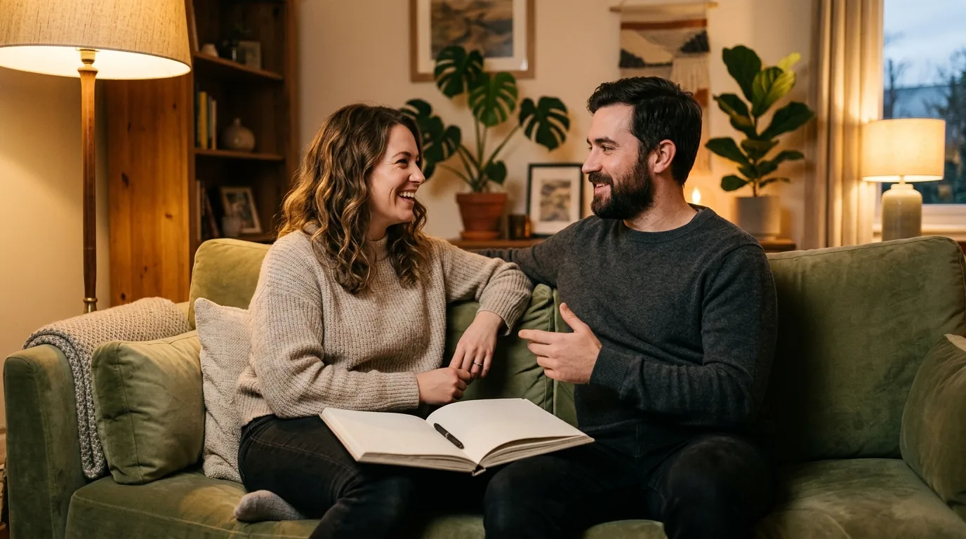 Couple talking on a couch in the evening with a notebook open between them