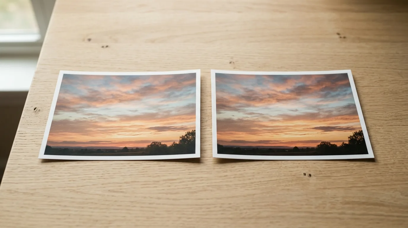 Two nearly identical printed photos side by side on a table, illustrating duplicate comparison