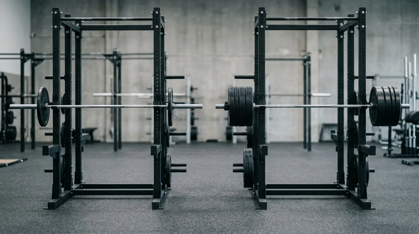 Two barbells of different loaded weights side by side, illustrating relative strength rather than raw numbers