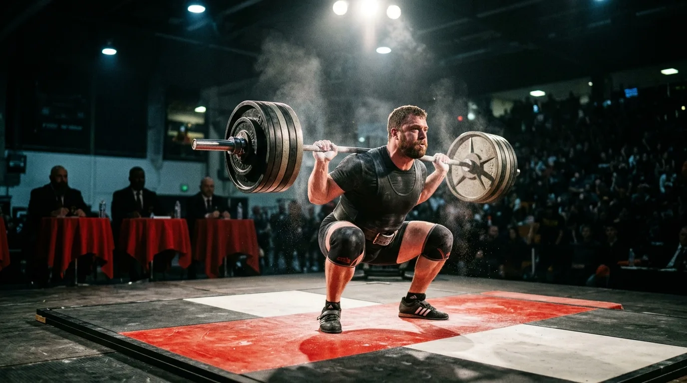 A lifter paused at the bottom of a deep squat in a competition-style setting, showing legal depth