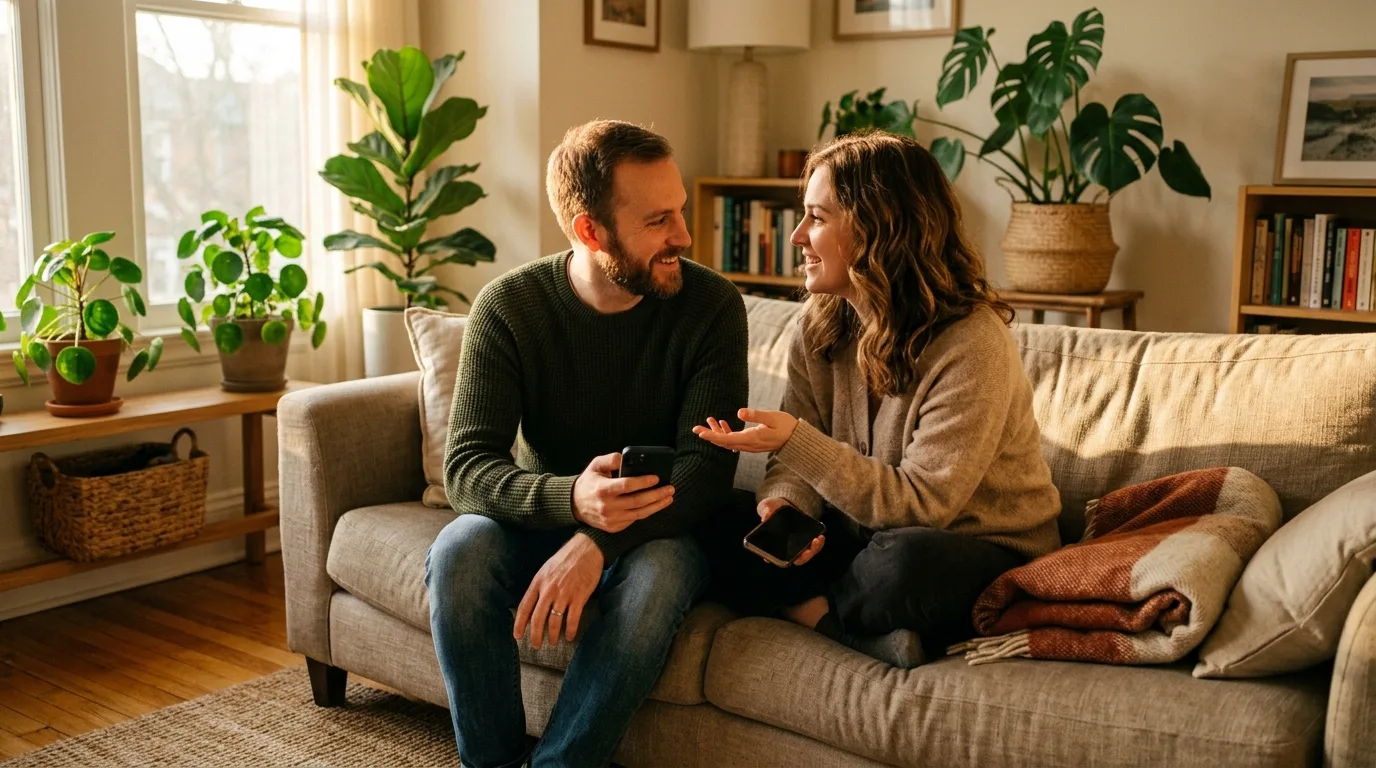 Two partners sitting together on a couch in warm light, talking while holding their phones