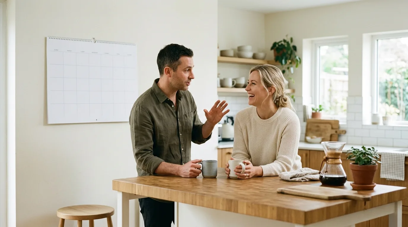 A couple talking over coffee at a kitchen counter with a wall calendar in the background