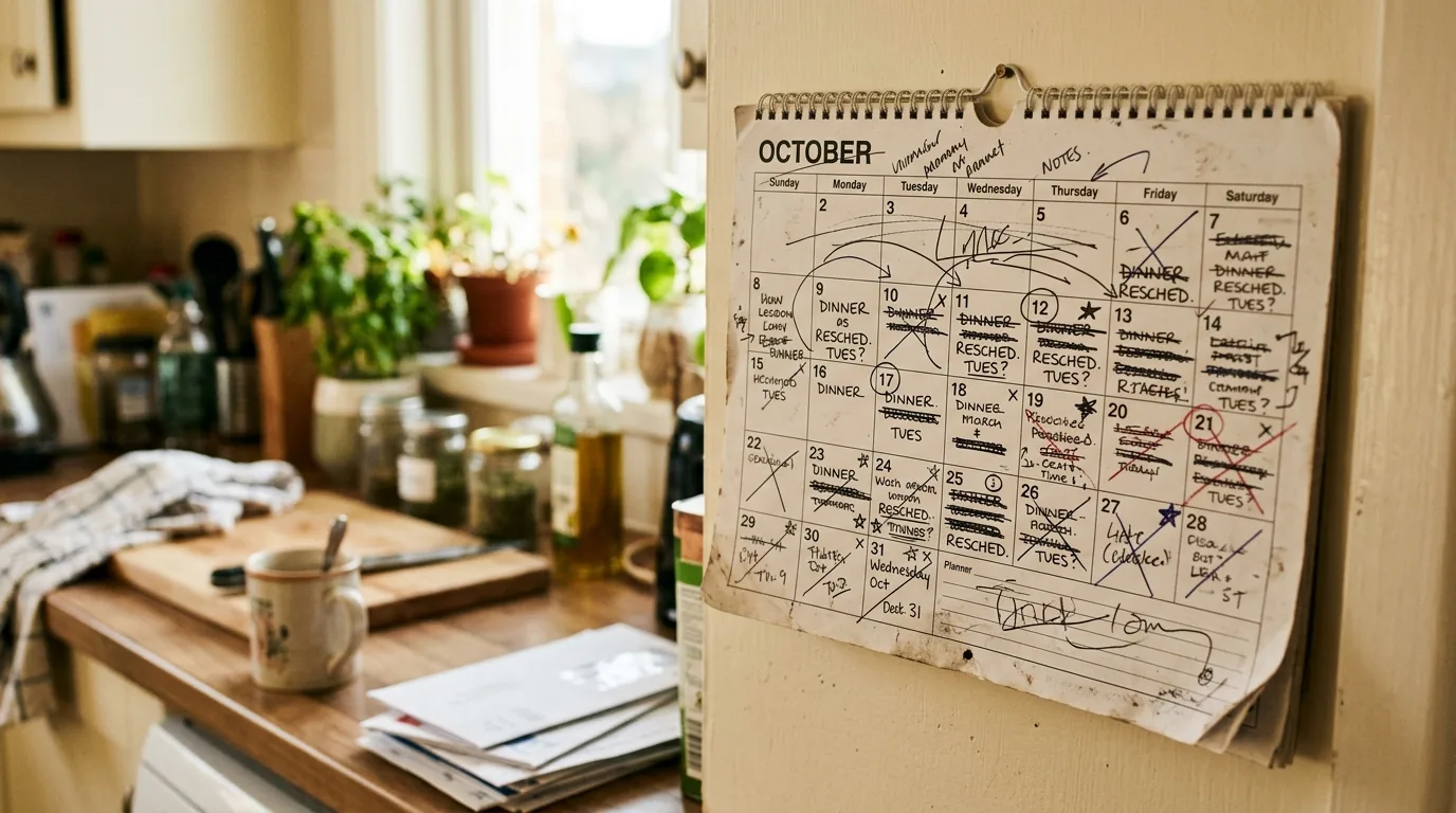 A wall calendar covered in crossed-out and rewritten chore assignments in a home kitchen