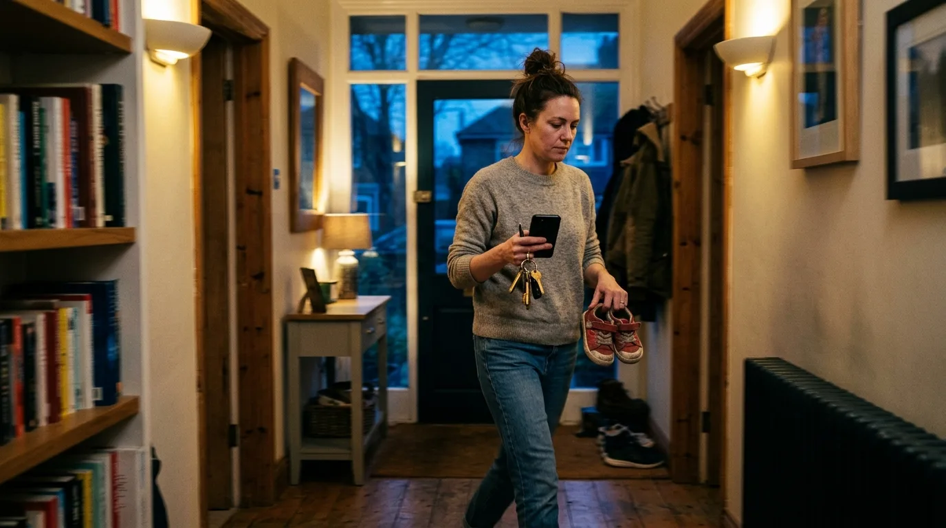 A person mid-stride in a hallway juggling a phone, keys, and a child's shoe, visibly holding too much at once