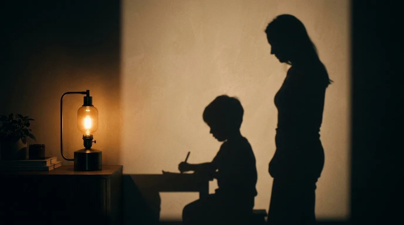 Two silhouettes of different sizes cast on a wall by a single lamp, suggesting uneven weight