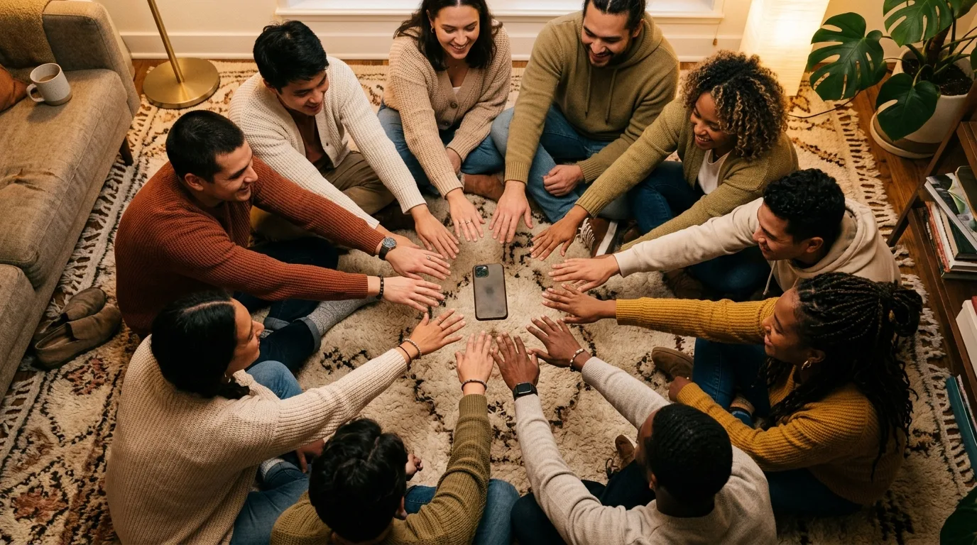A mixed group of friends of varying ages gathered in a circle passing an object between them