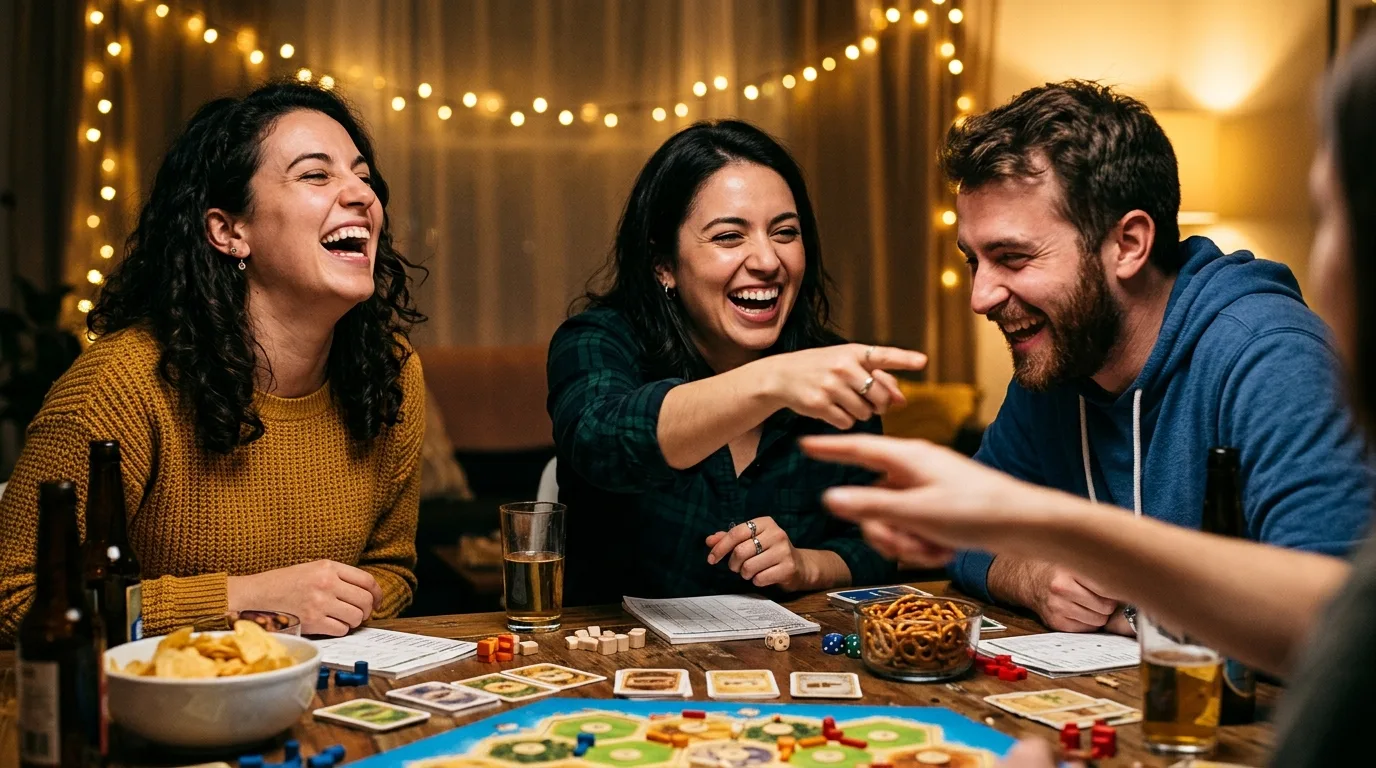 Friends bursting into laughter around a table during a chaotic moment of a party game
