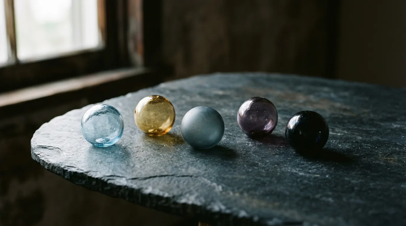 Five glass orbs in different colors arranged on a stone surface, representing distinct mood states