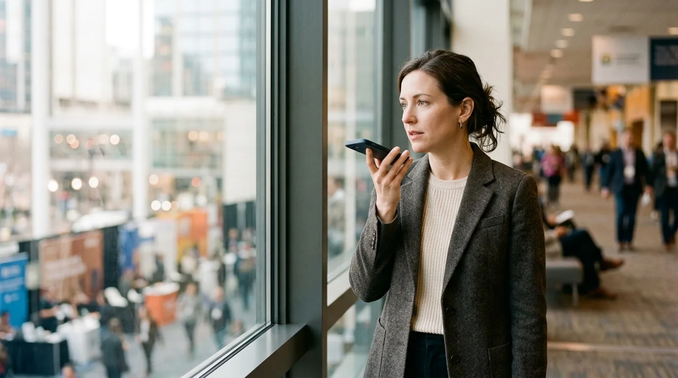 A person speaking quietly into their phone just after stepping away from a conversation at a conference