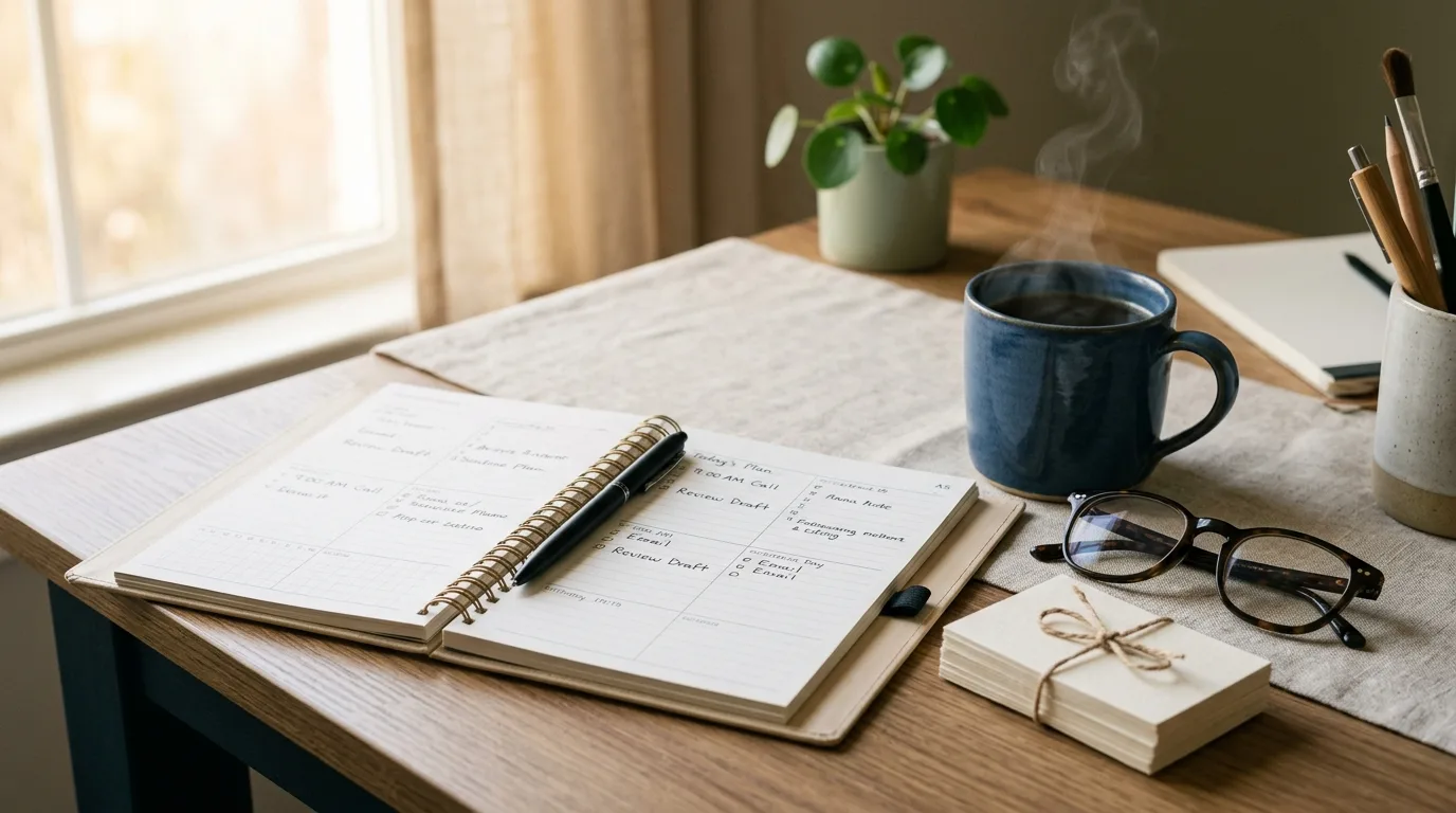 A calm desk scene with a calendar and coffee suggesting a quiet moment set aside for reconnecting with contacts