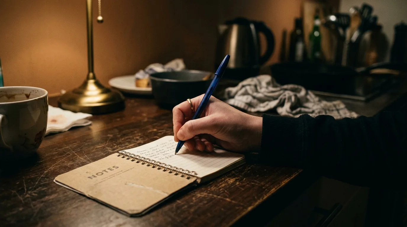 Someone jotting down a scattered mental list late at night before it turns into stress