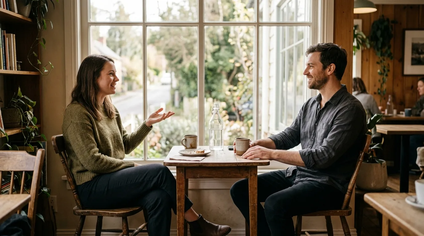 Two partners sitting together for a calm weekly conversation about household responsibilities
