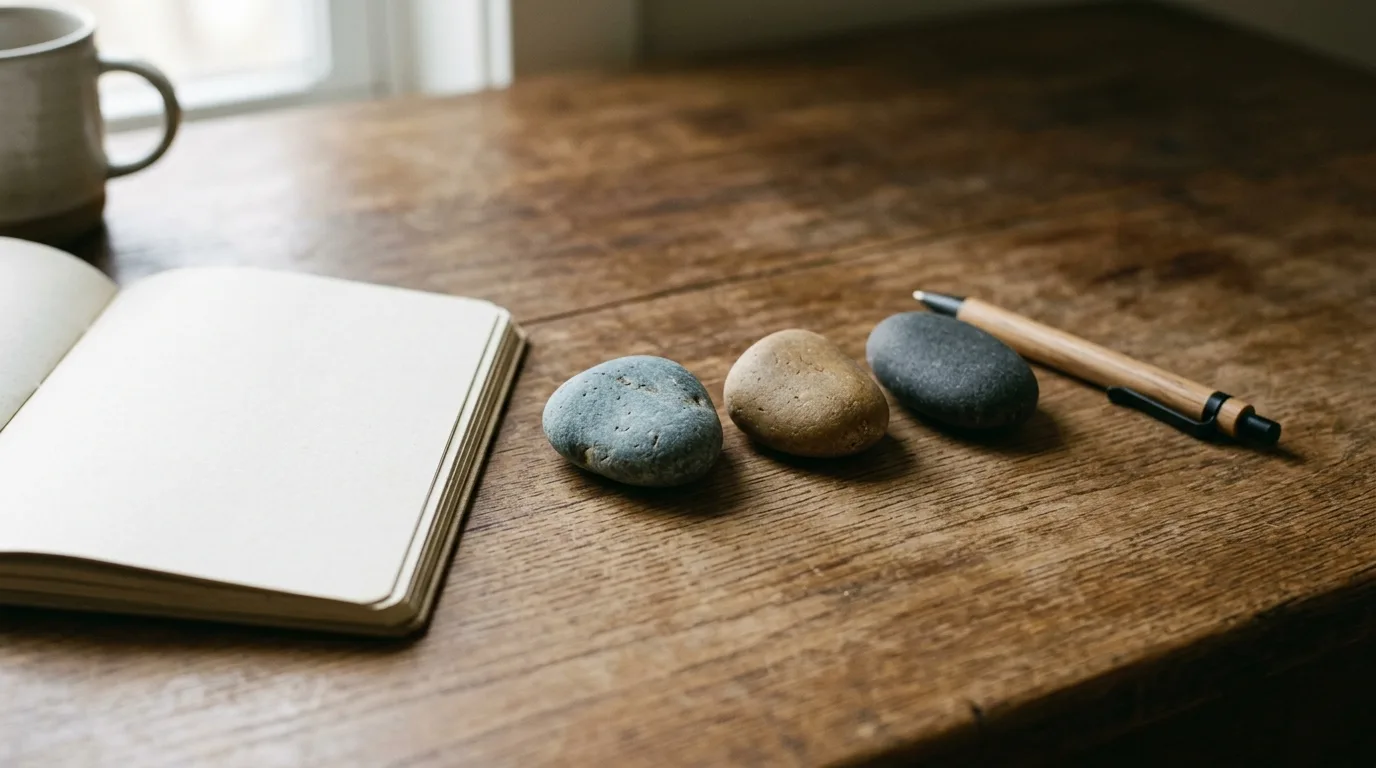 Three smooth stones lined up on a desk beside a notebook, symbolizing three chosen priorities