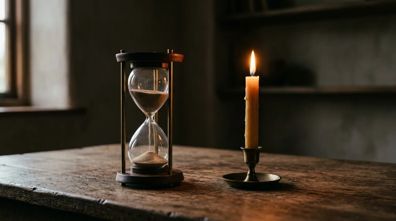 An hourglass and a single burning candle on a quiet desk, evoking focused, timed work