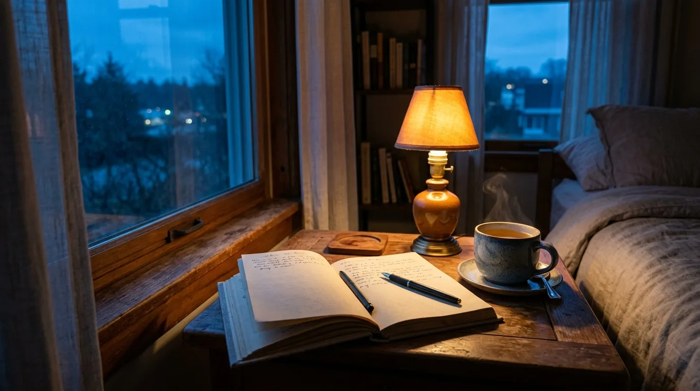 A journal open on a nightstand under lamplight at the end of the day