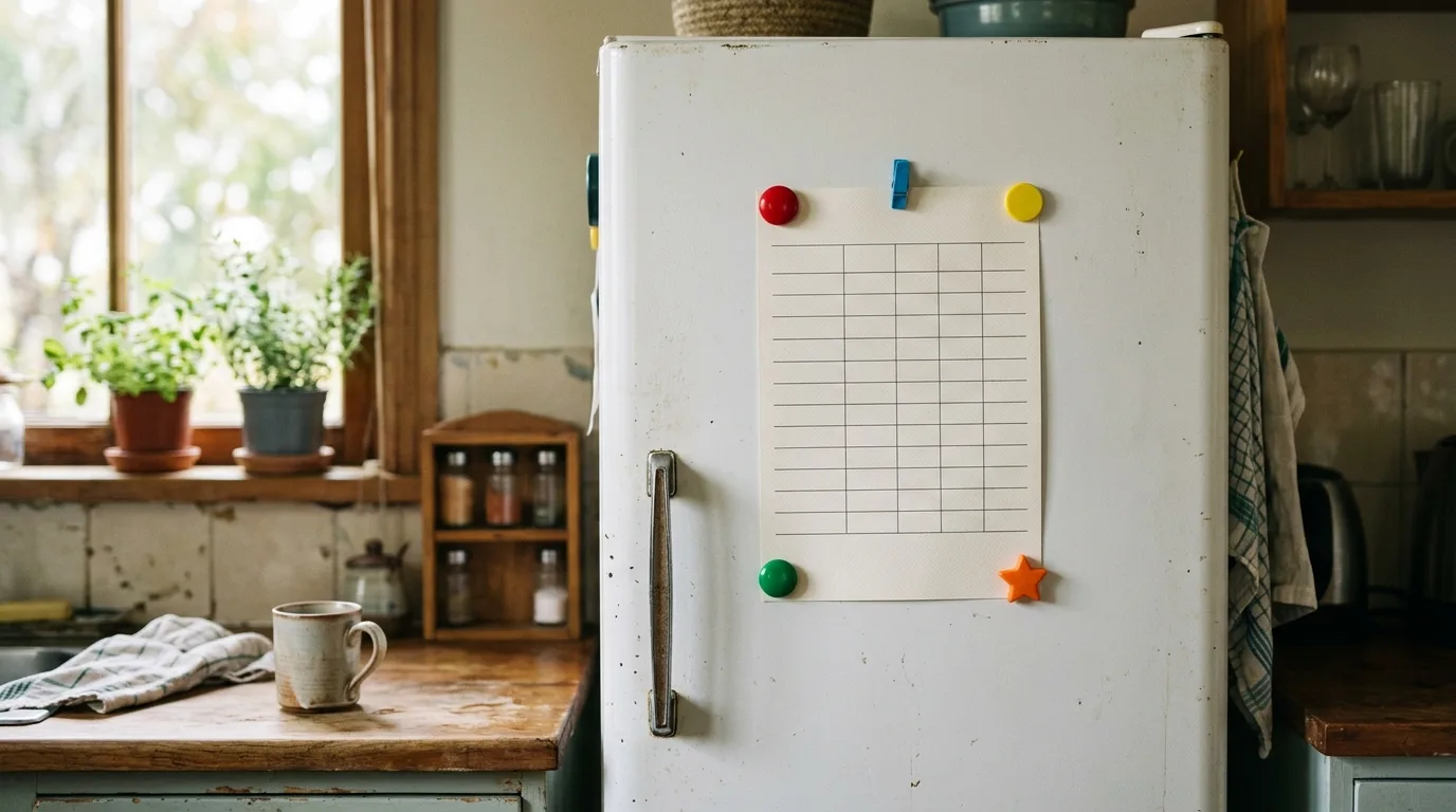 A refrigerator chore chart with magnets, symbolizing task-only tracking