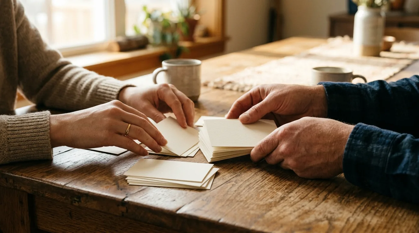 A hand sorting a small deck of blank cards on a wooden table