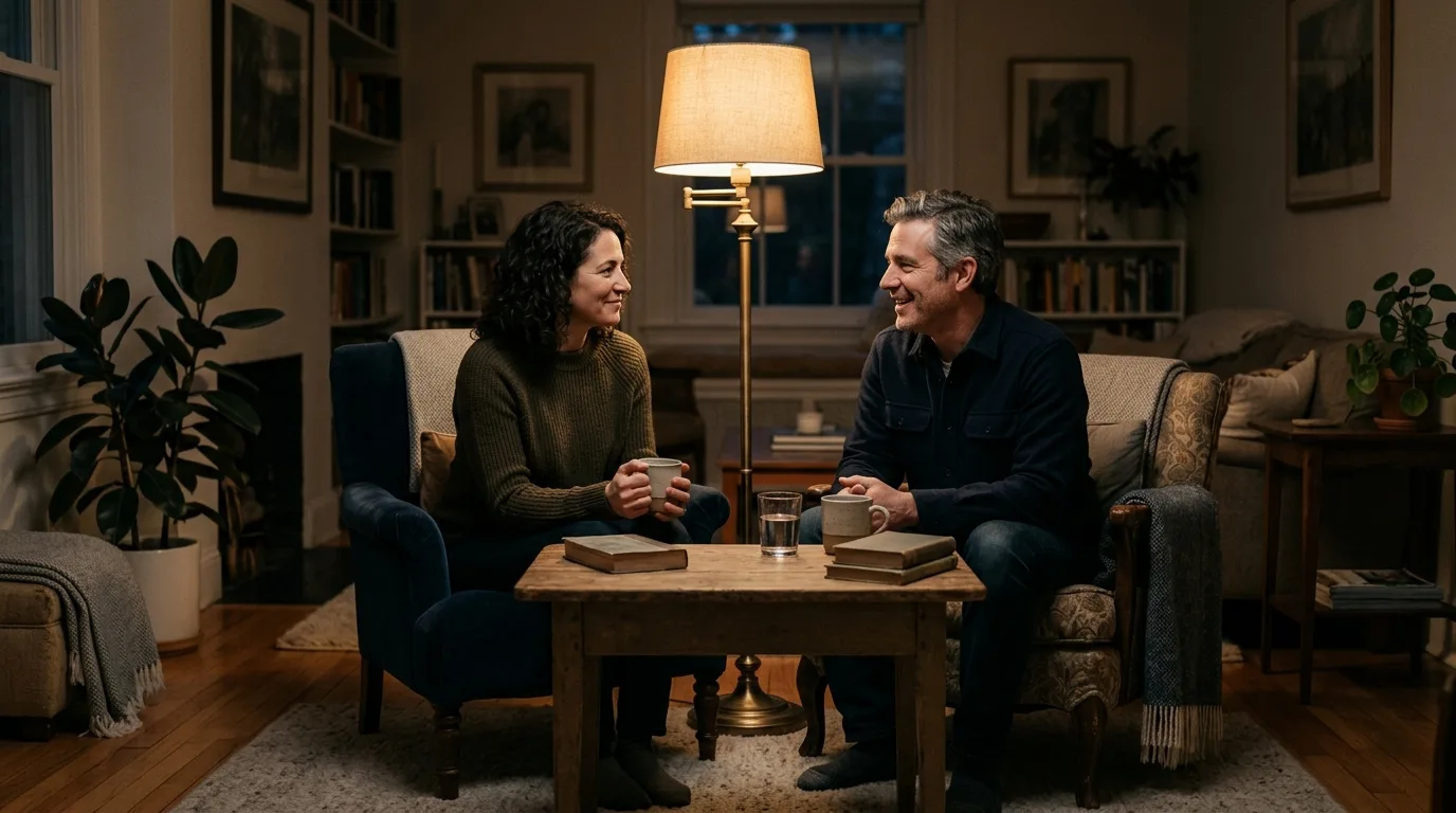 Two people sitting together at a table having a calm evening conversation