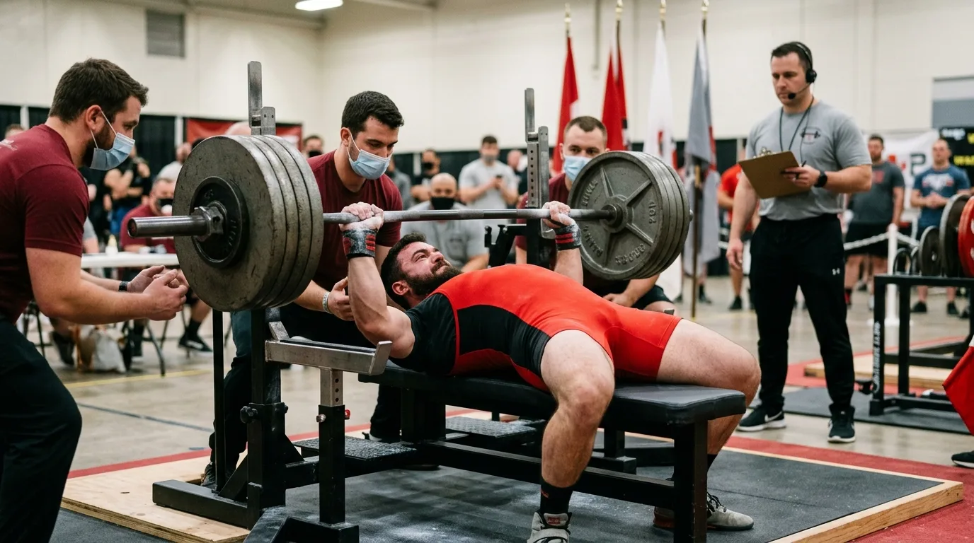 A lifter mid-bench-press at a sanctioned powerlifting meet with referee and spotters in soft focus