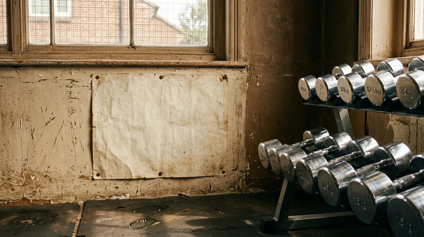 A blank, aged paper chart pinned to an old gym wall beside modern chrome dumbbells