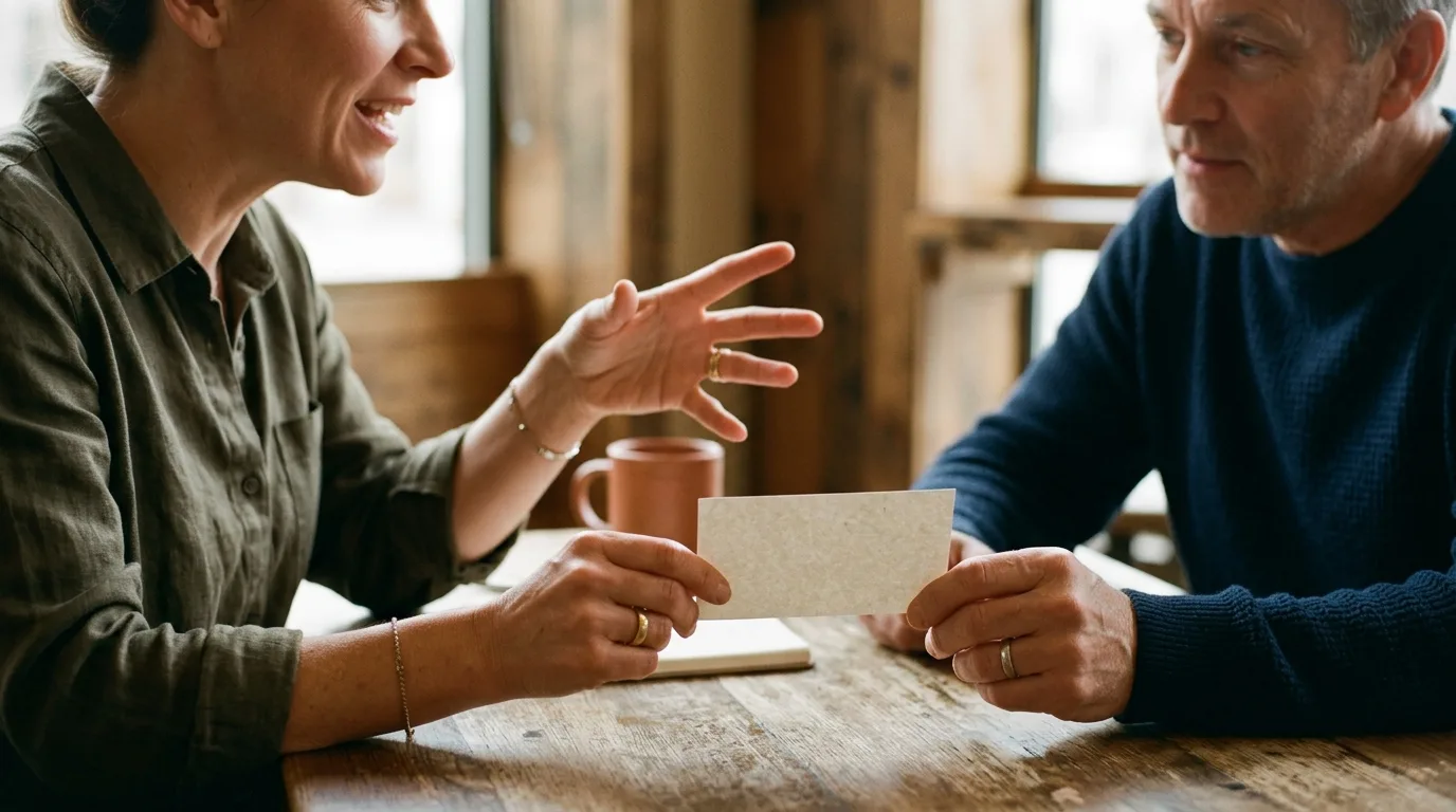 Couple reading small index cards together at a table, discussing household responsibilities