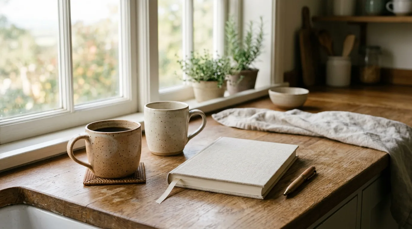 Two coffee mugs and a blank notebook on a kitchen counter in early morning light