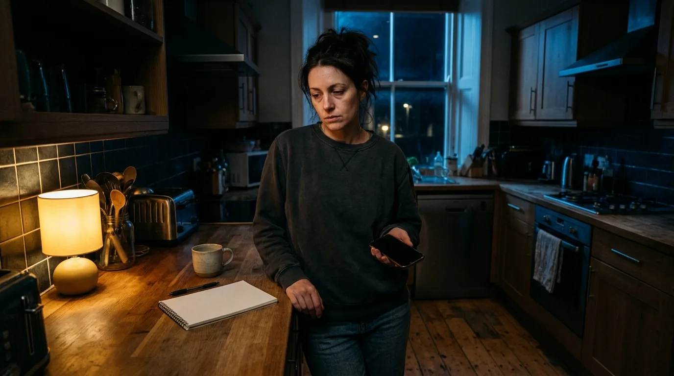A person jotting a quick note on a phone late at night in a quiet kitchen