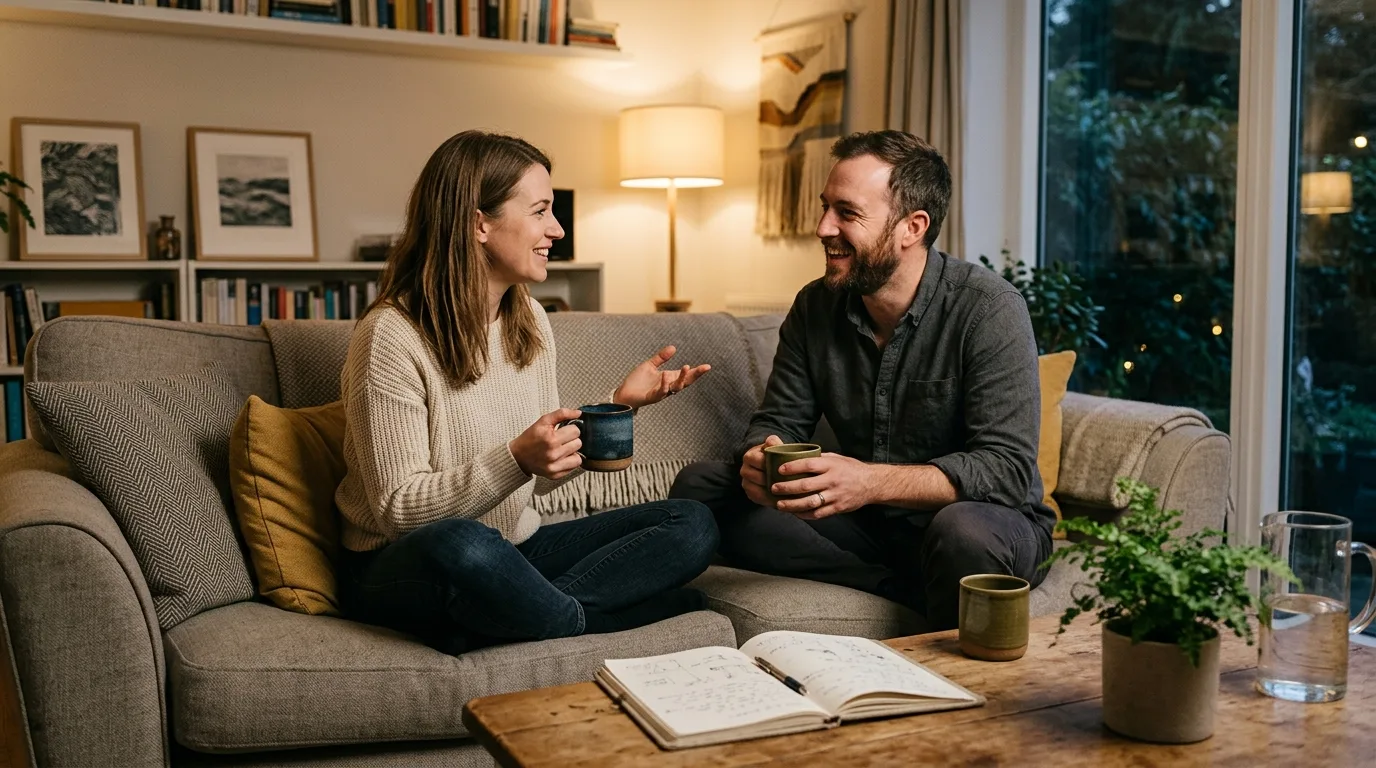 A couple sitting on a couch talking calmly with a notebook open between them