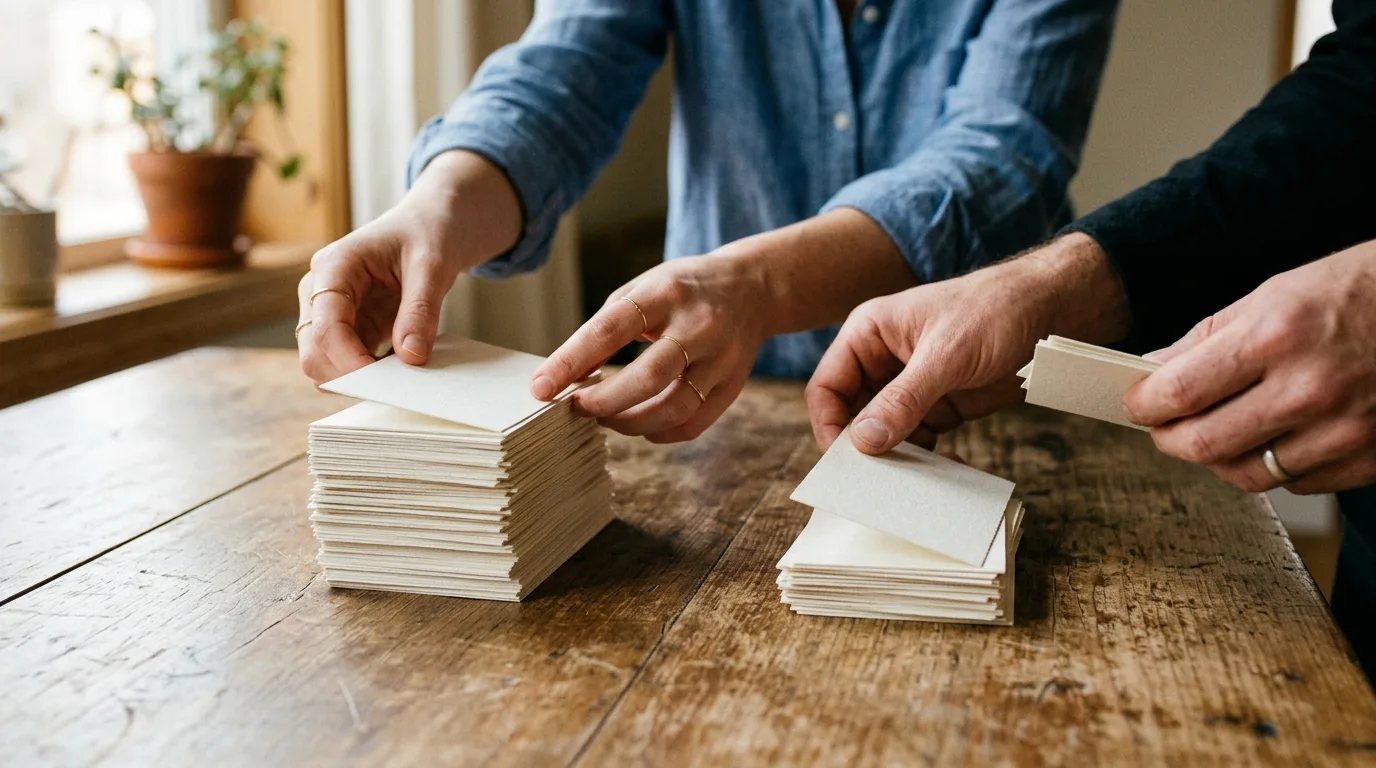 Two sets of hands sorting small index cards on a wooden table