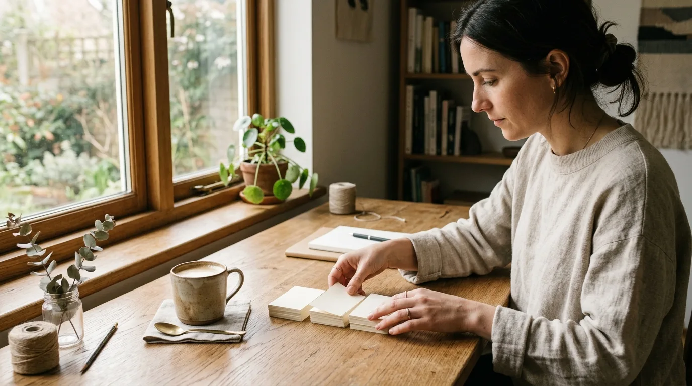 A person reviewing a printed business card design on a desk before an event