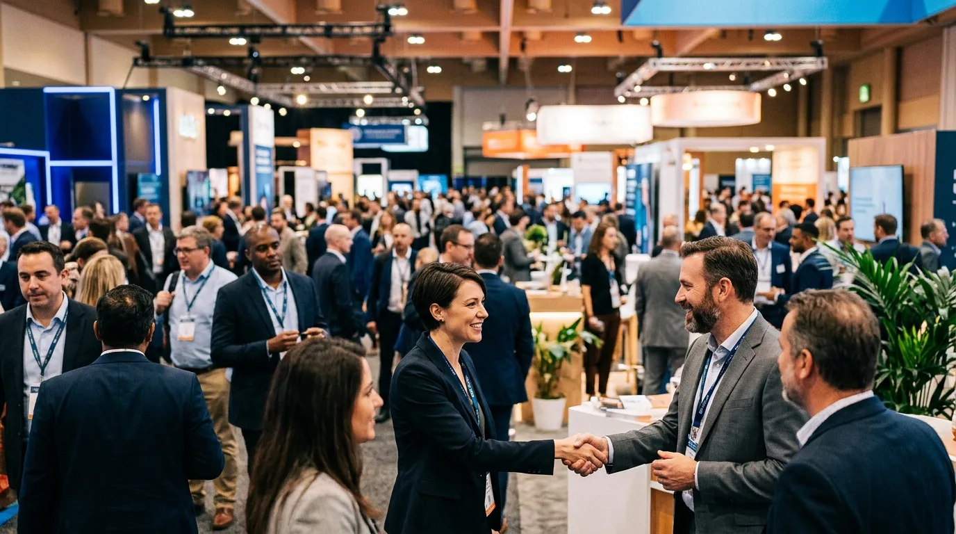 A crowded conference hall with attendees exchanging cards and talking near booths