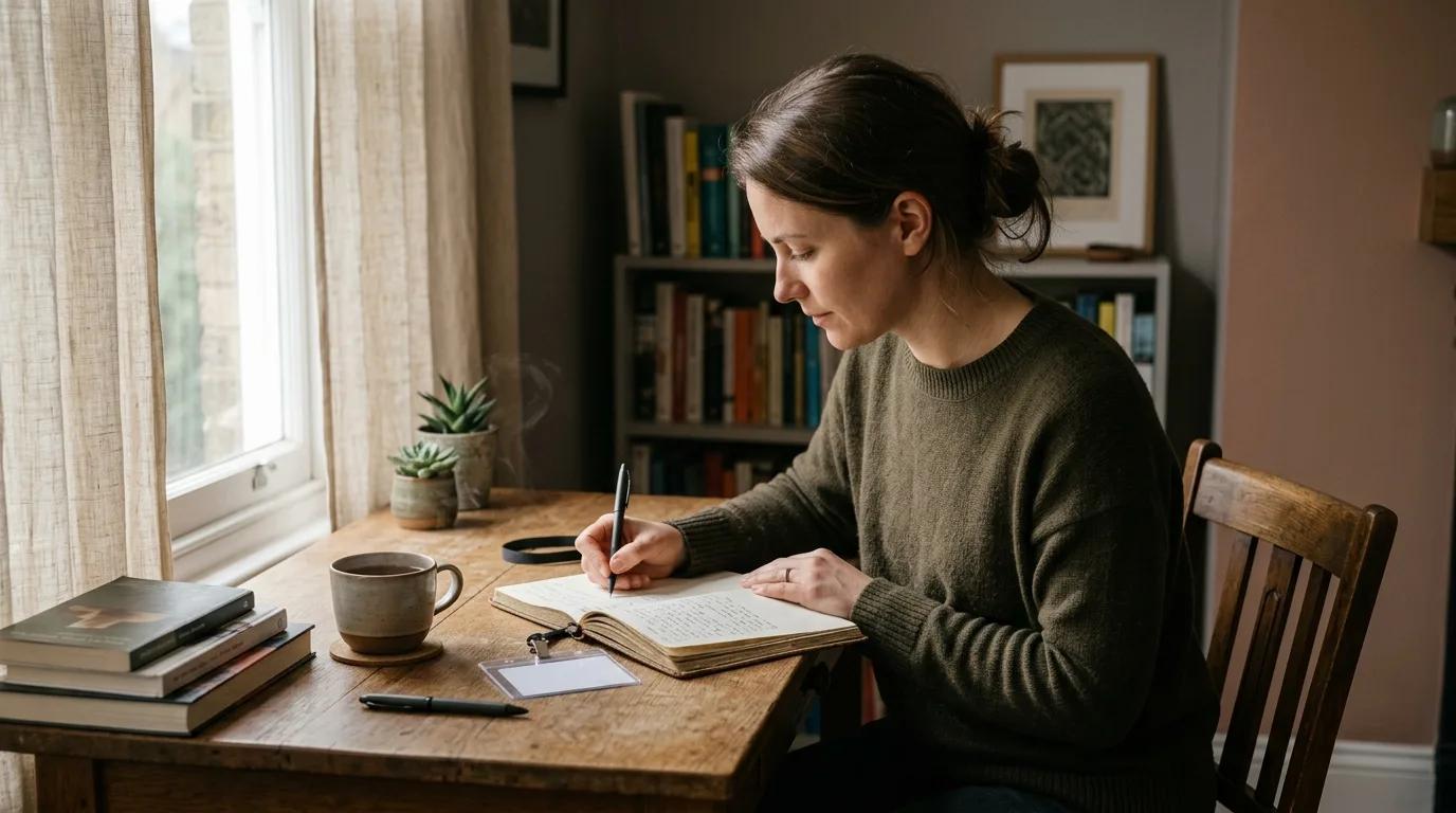 A person writing notes at a quiet desk the morning after a conference