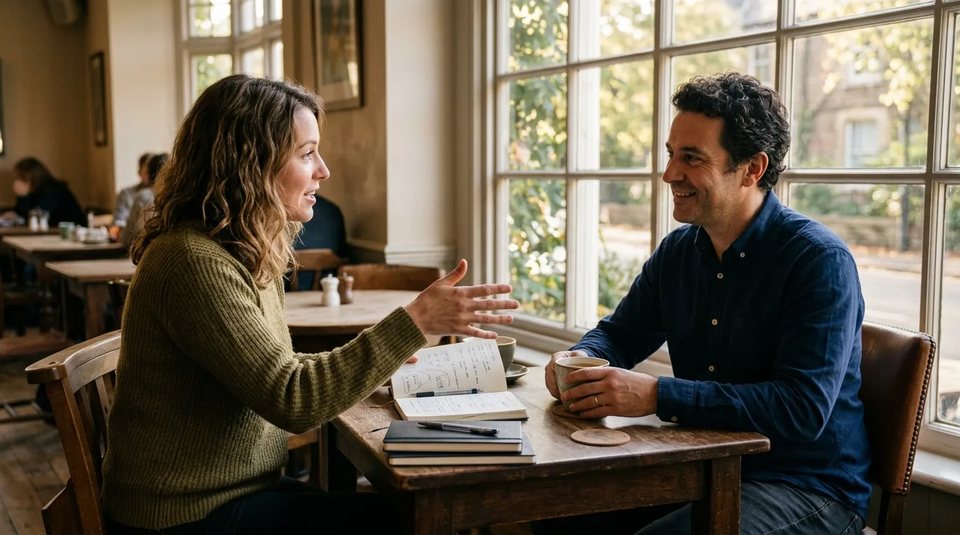 Two silhouettes reviewing a household plan together at a table, symbolizing a weekly check-in