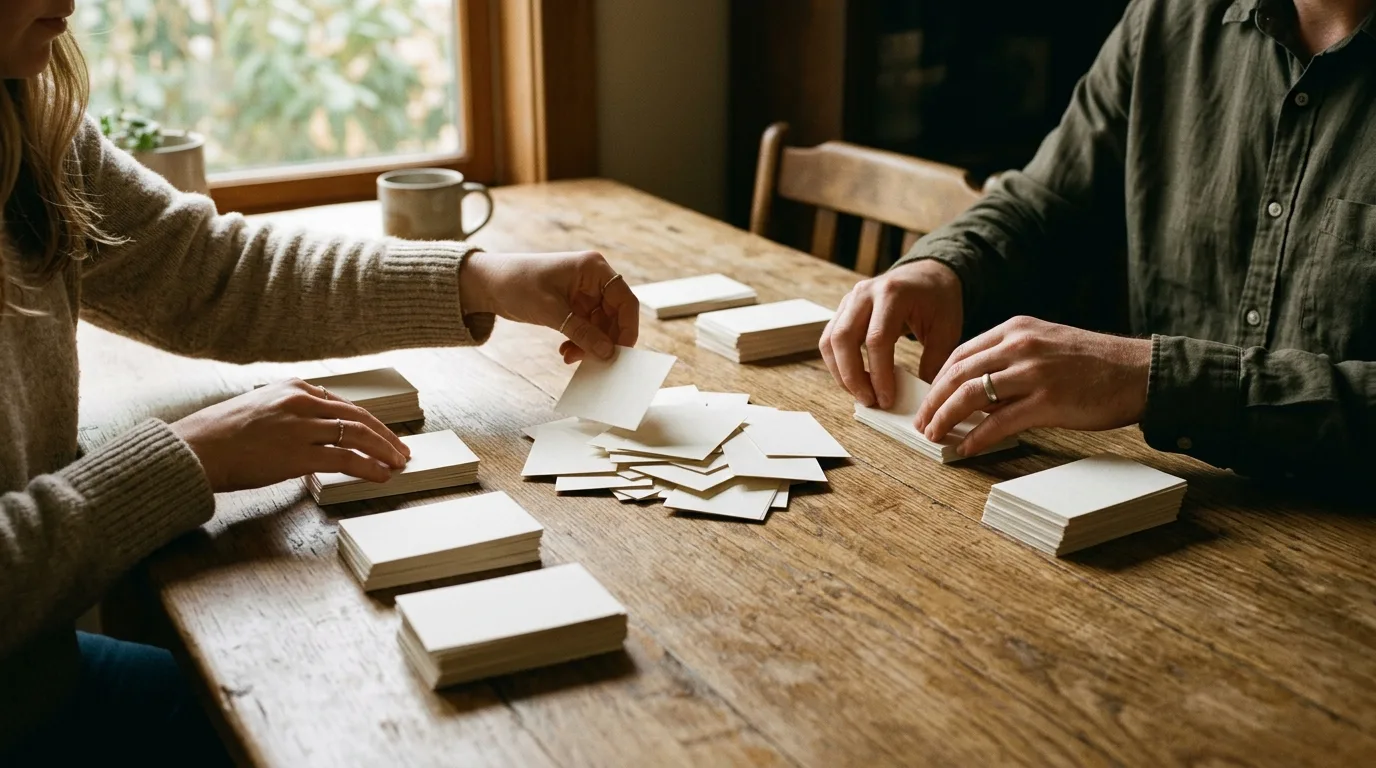 Close-up of hands sorting household task cards into groups on a wooden table