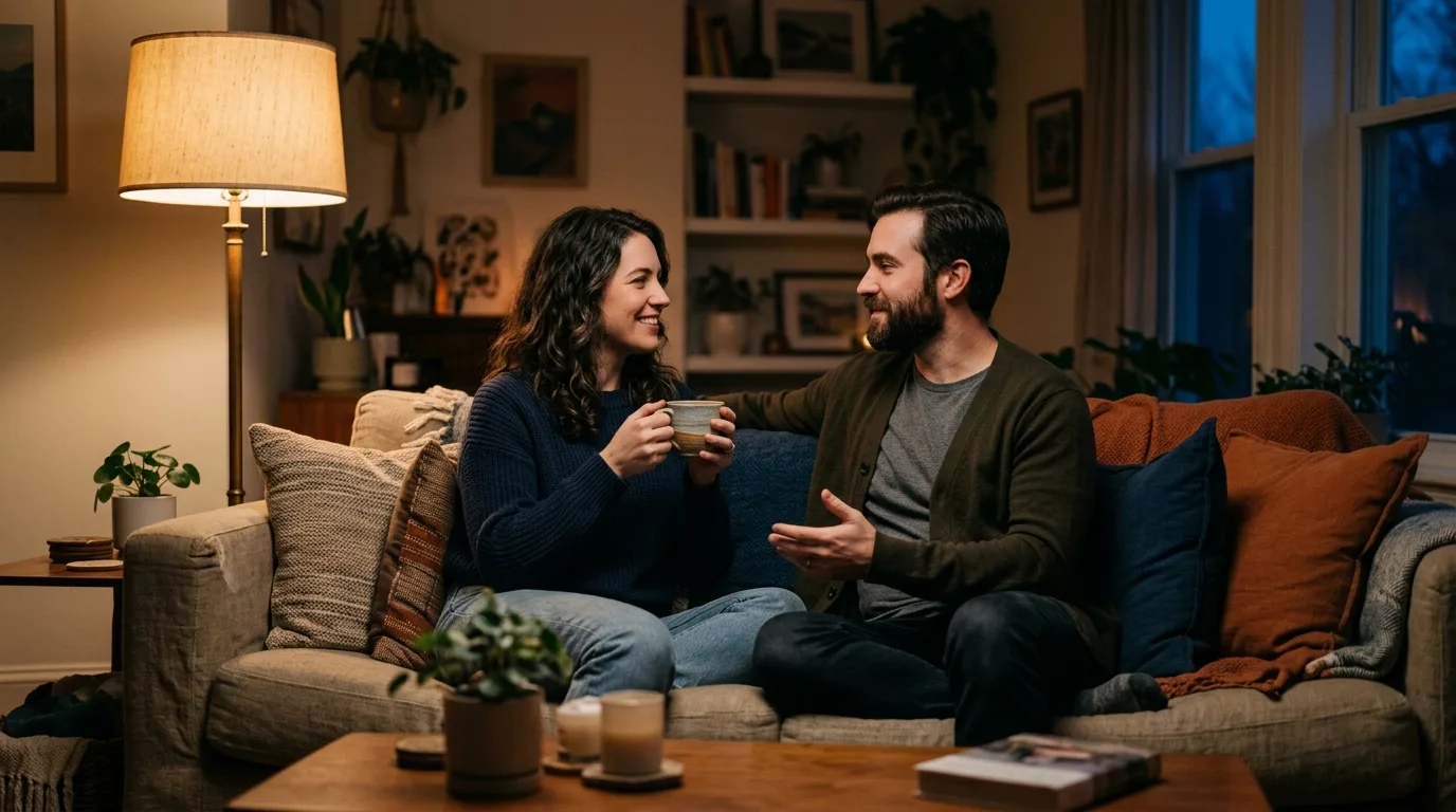 Couple sitting on a couch in quiet conversation during an evening check-in