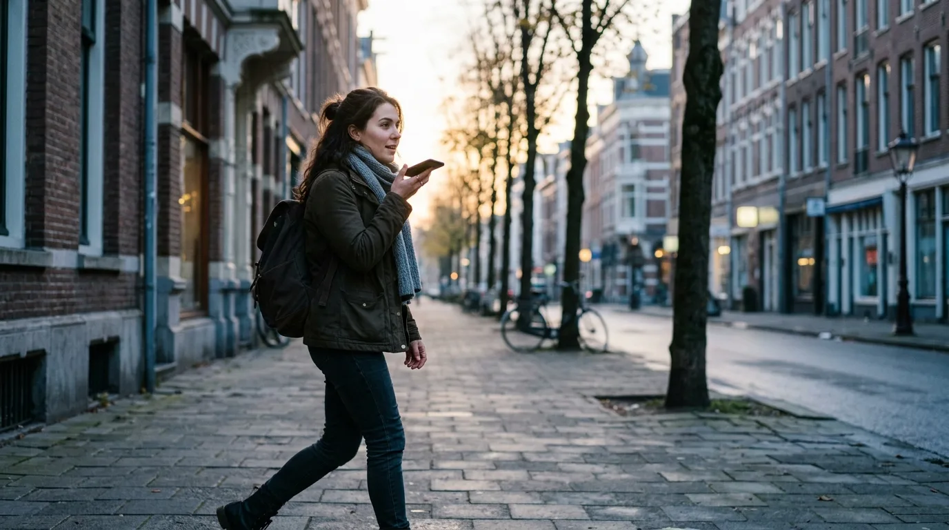 Person speaking into their phone while walking outdoors in early morning light