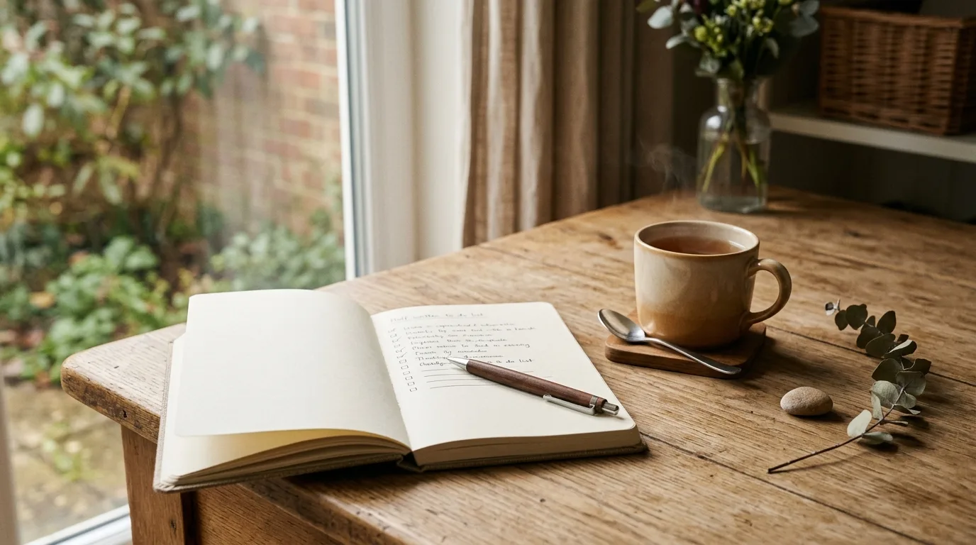 Desk scene with a notebook, pen, and coffee suggesting a thought being turned into a plan