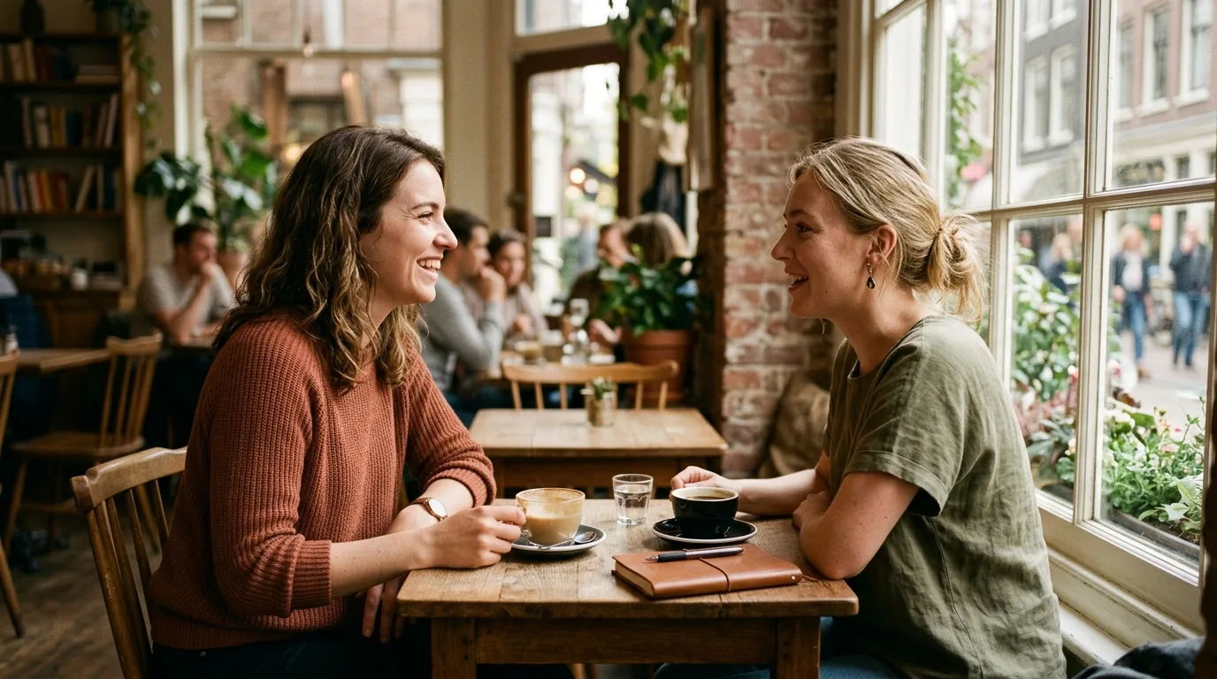 Two people in conversation at a table, suggesting bilingual thoughts being captured naturally