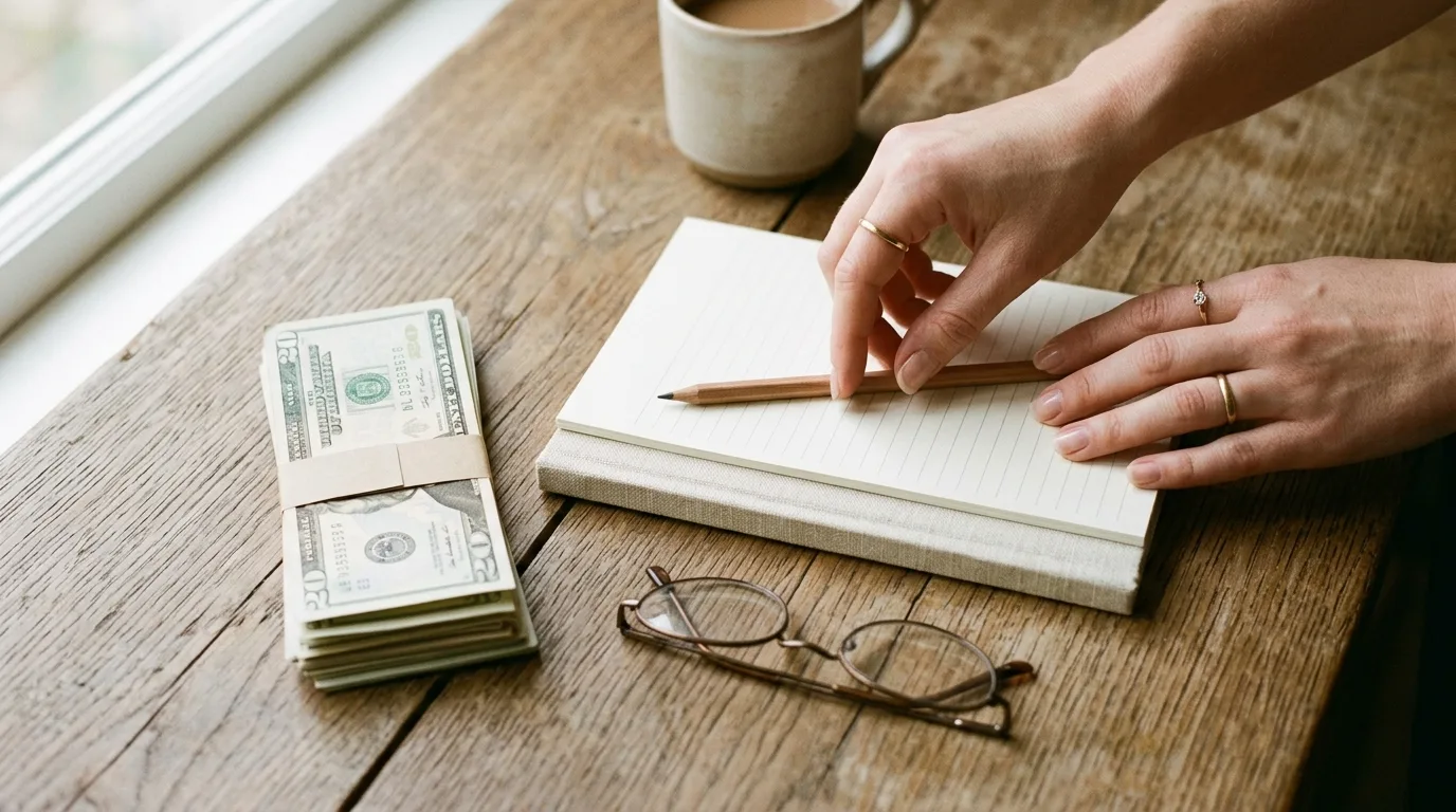 Close-up of a small stack of bills and a notepad on a table