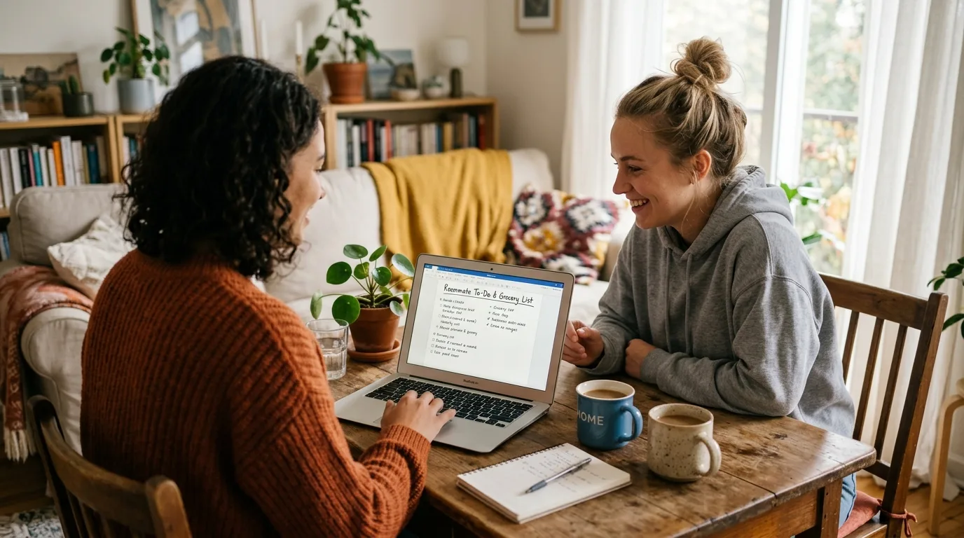 Two roommates smiling and sharing a laptop over coffee